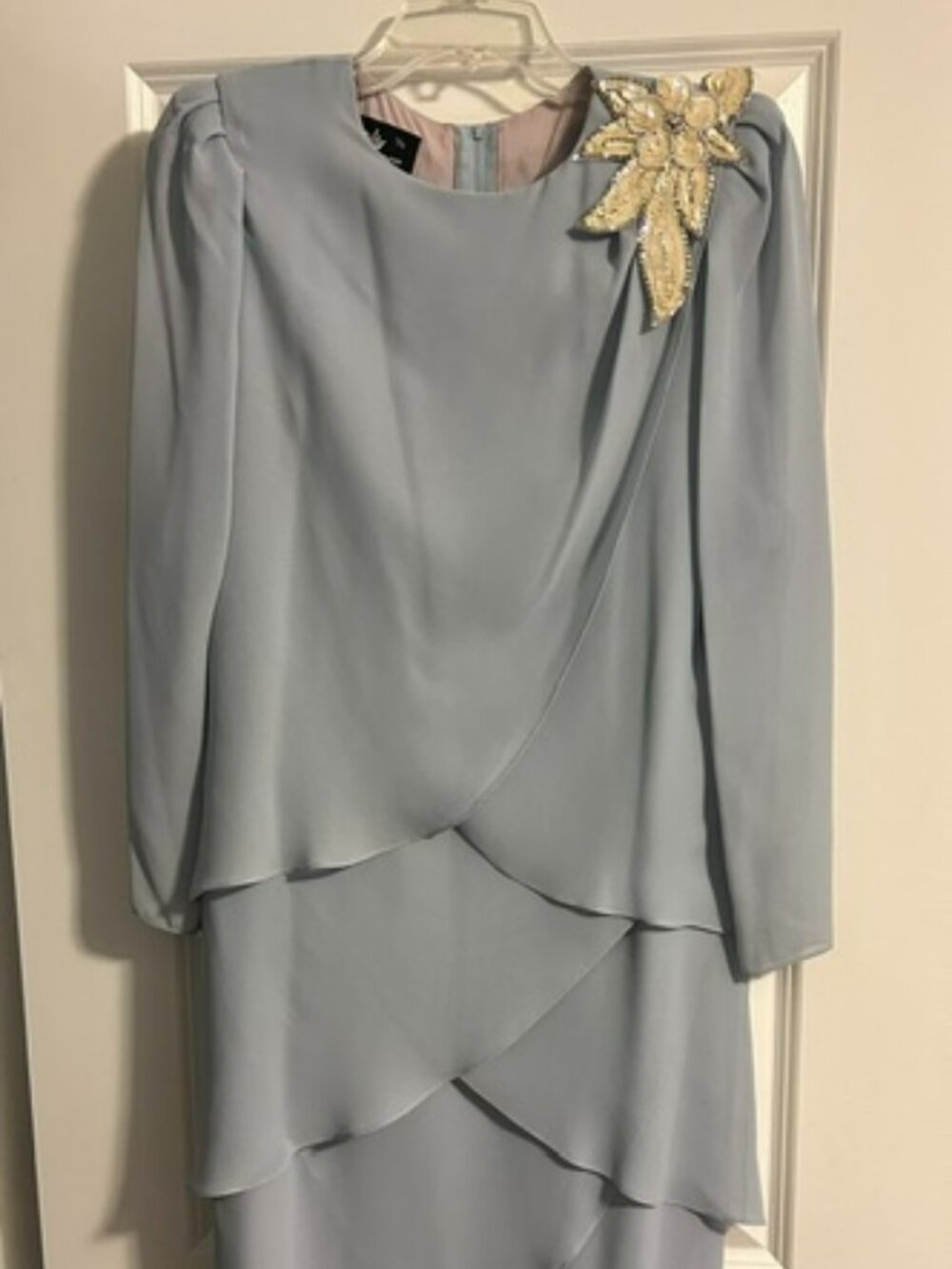 Vntg Ursula of Switzerland Gray Chiffon Layered Long Sleeve Evening Dress Sz 7/8